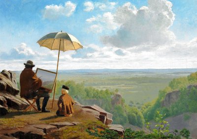 Vroege ochtend in Skäralid in Skåne, Zweden. De kunstenaar werkt onder een parasol door Laurids Vilhelm Pacht